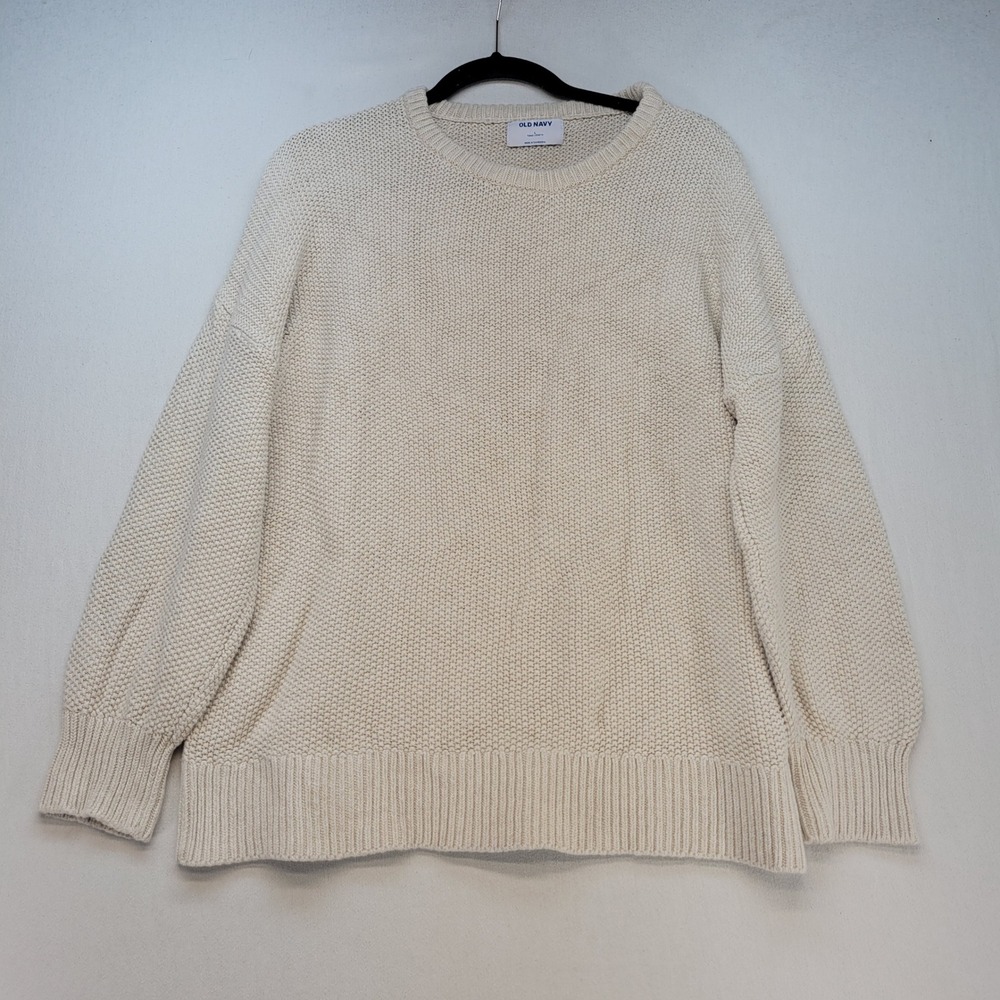 Old Navy Sweater Women Large Cream Waffle Knit Tunic Length Relaxed